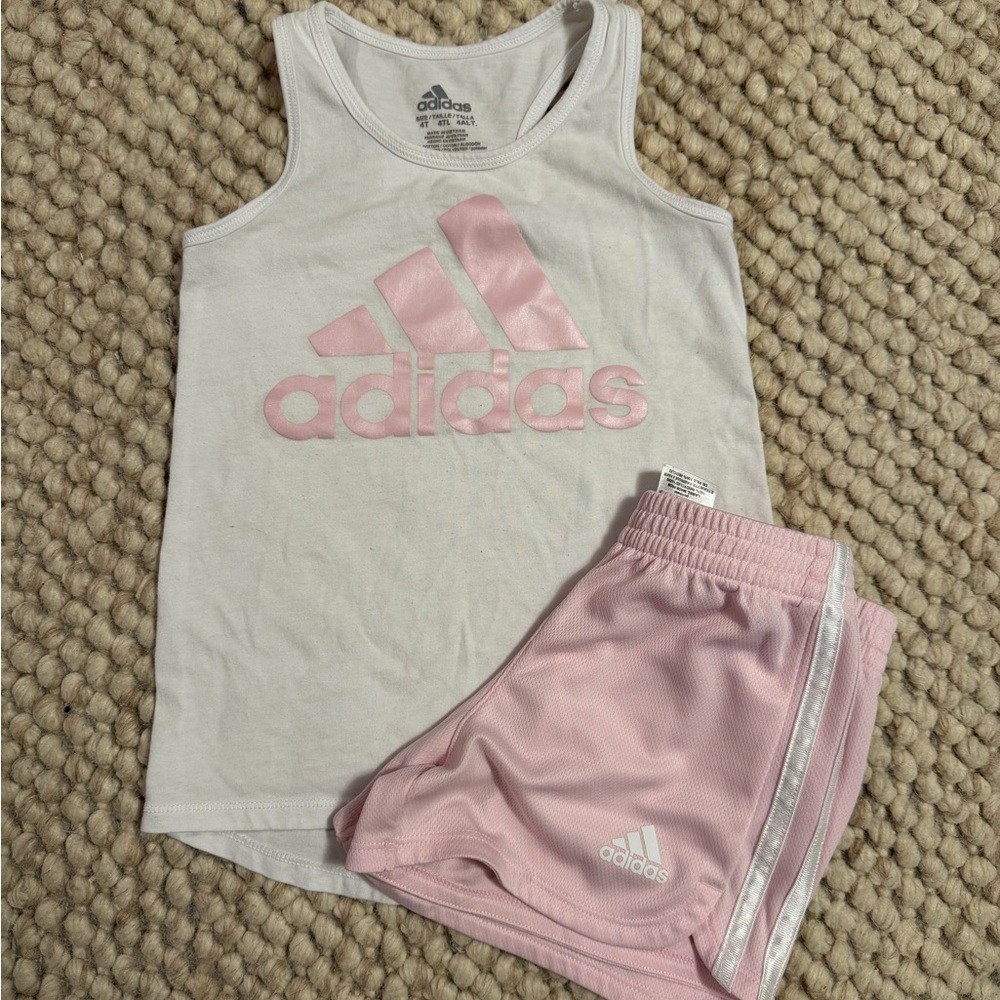 Adidas White and Pink Logo Tank and Shorts